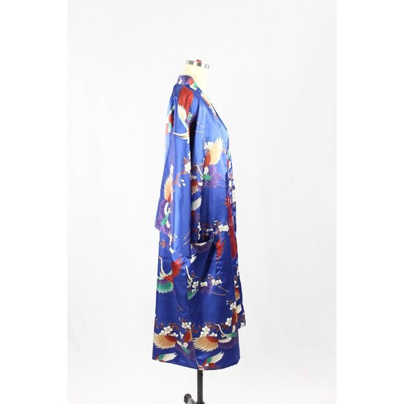 Vintage ICHIBAN Blue Oriental Floral Crane Print Satin Kimono Robe, One Size - Picture 3 of 13